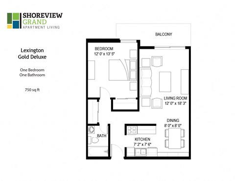 Floor plan for 1 bed, 1 bath, 750 sqft